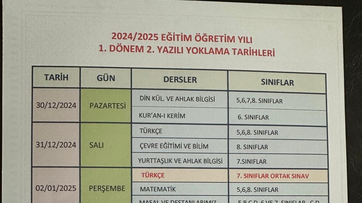 2024-2025 EĞİTİM ÖĞRETİM YILI 1. DÖNEM 2. YAZILI SINAV TAKVİMİ.